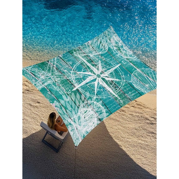 Outdoor Sun Shade Sail 12'x16', Summer Coastal Patio Beach Shade Canopy Cloth Waterproof, Ocean Compass Starfish Shell Conch Blue Green TearResistant & UV Protection Sun Sail for Backyard Garden Deck