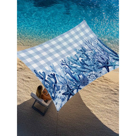 Outdoor Sun Shade Sail 12'x16', Summer Coastal Patio Beach Shade Canopy Cloth Waterproof, Watercolor Ocean Coral Starfish Conch Blue Plaid TearResistant & UV Protection Sun Sail for Backyard Garden