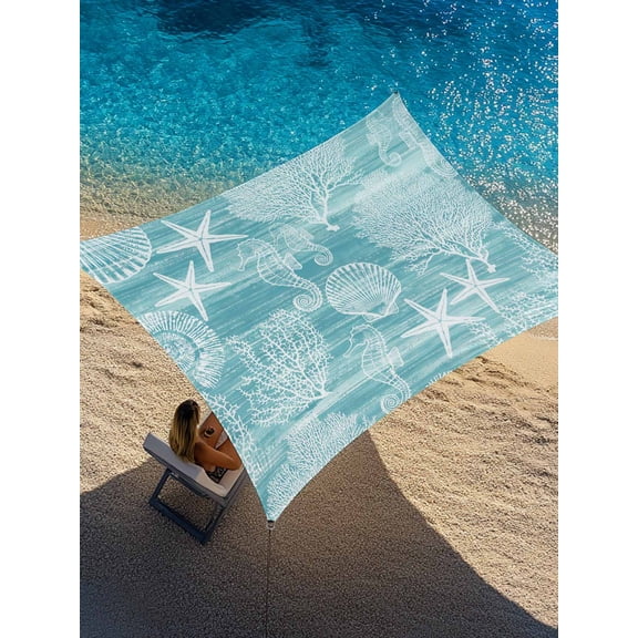 Outdoor Sun Shade Sail 12'x16', Turquoise Coastal Patio Beach Shade Canopy Cloth Waterproof, Nautical Coral Starfish Shell Seahorse Ocean TearResistant & UV Protection Sun Sail for Backyard Garden