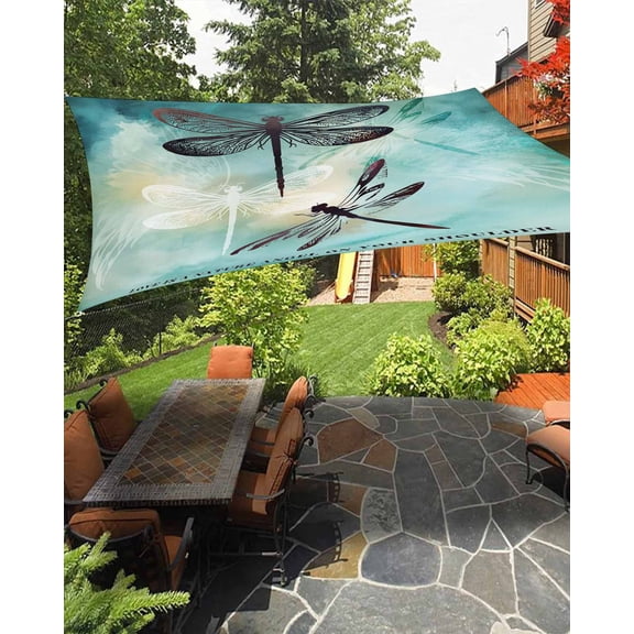 Outdoor Sun Shade Sail 12'x16', Turquoise Dragonfly Patio Beach Shade Canopy Cloth Waterproof, Country Gradient Black Animals TearResistant & UV Protection Sun Sail for Backyard Garden Deck