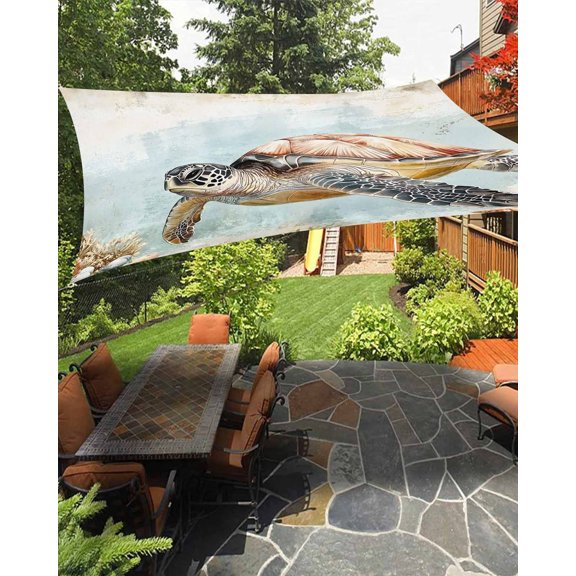 Outdoor Sun Shade Sail 12'x16', Turtle Patio Beach Shade Canopy Cloth Waterproof, Coastal Ocean Coral Reef Retro Shell Sea TearResistant & UV Protection Sun Sail for Backyard Garden Deck