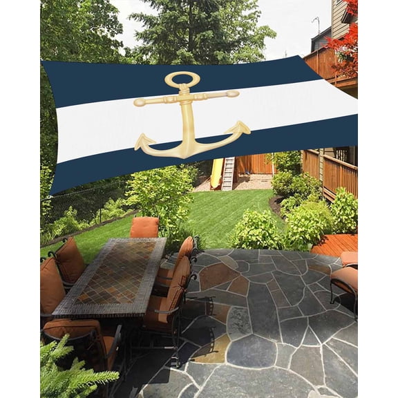 Outdoor Sun Shade Sail 12'x16', Yellow Anchor Nautical Patio Beach Shade Canopy Cloth Waterproof, Navy Blue White Striped TearResistant & UV Protection Sun Sail for Backyard Garden Deck