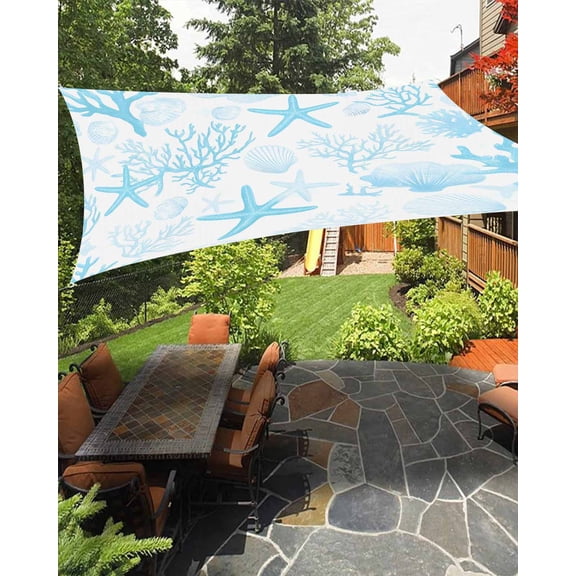 Outdoor Sun Shade Sail 14'x18', Aqua Coastal Patio Beach Shade Canopy Cloth Waterproof, Nautical Summer Beach Starfish Coral TearResistant & UV Protection Sun Sail for Backyard Garden Deck