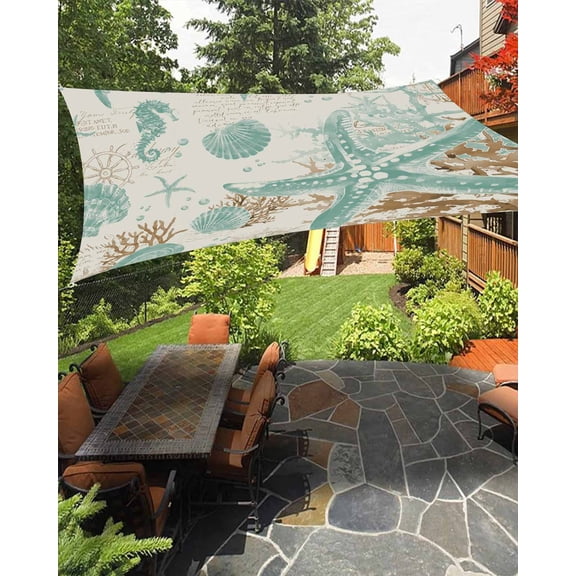Outdoor Sun Shade Sail 14'x18', Aqua Coastal Starfish Patio Beach Shade Canopy Cloth Waterproof, Farmhouse Nautical Seahorse Coral TearResistant & UV Protection Sun Sail for Backyard Garden Deck