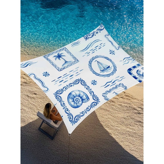 Outdoor Sun Shade Sail 14'x18', Blue Nautical Ship Patio Beach Shade Canopy Cloth Waterproof, Coastal Conch Crab Palm Trees Waves TearResistant & UV Protection Sun Sail for Backyard Garden Deck