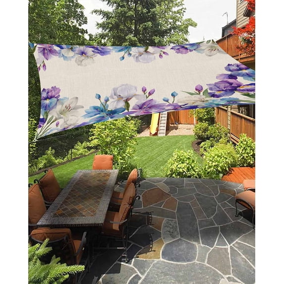 Outdoor Sun Shade Sail 14'x18', Blue Purple Flowers Patio Beach Shade Canopy Cloth Waterproof, Spring Seasonal Botanical Florals TearResistant & UV Protection Sun Sail for Backyard Garden Deck