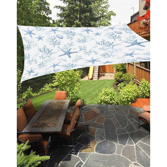 Outdoor Sun Shade Sail 14'x18', Coastal Coral Patio Beach Shade Canopy Cloth Waterproof, Ocean Starfish Blue Conch Summer Sea TearResistant & UV Protection Sun Sail for Backyard Garden Deck