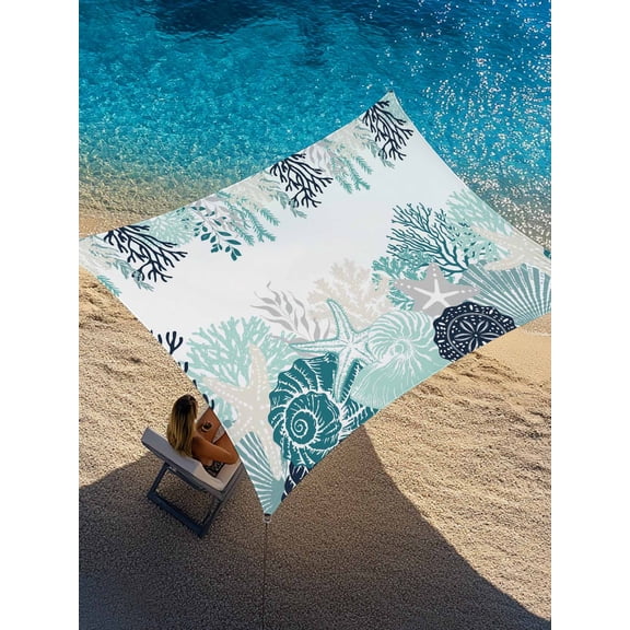 Outdoor Sun Shade Sail 14'x18', Coastal Corals Patio Beach Shade Canopy Cloth Waterproof, Ocean Starfish Beach Conch Turquoise Gray TearResistant & UV Protection Sun Sail for Backyard Garden Deck