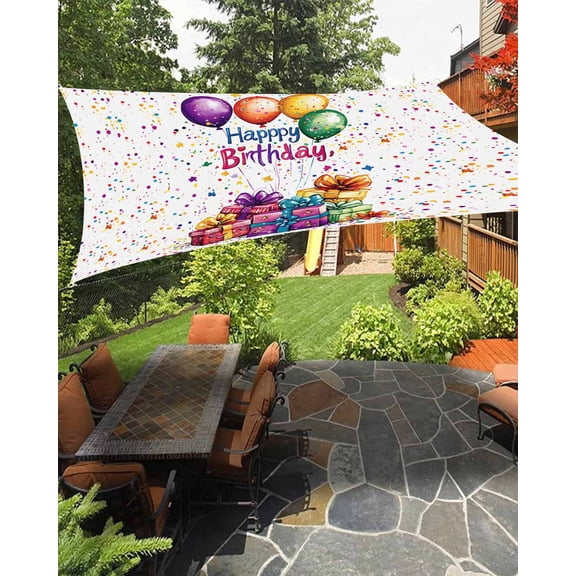 Outdoor Sun Shade Sail 14'x18', Happy Birthday Patio Beach Shade Canopy Cloth Waterproof, Colorful Balloon Gifts Patterns TearResistant & UV Protection Sun Sail for Backyard Garden Deck