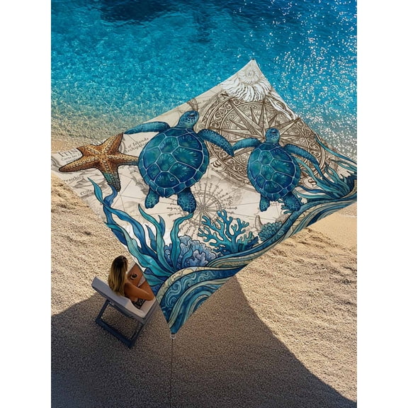 Outdoor Sun Shade Sail 14'x18', Nautical Coastal Patio Beach Shade Canopy Cloth Waterproof, Retro Marine Life Turtle Map Compass Beige TearResistant & UV Protection Sun Sail for Backyard Garden Deck