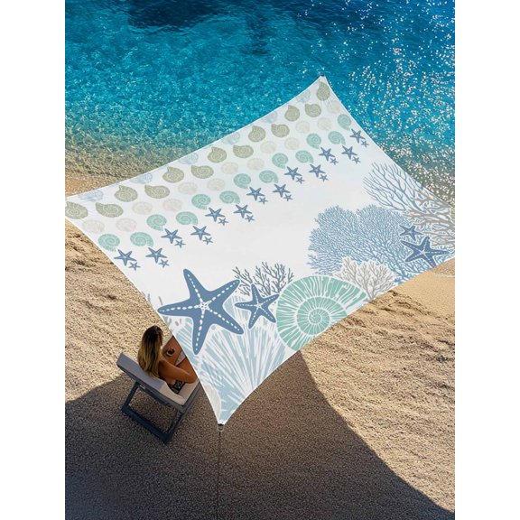 Outdoor Sun Shade Sail 14'x18', Ocean Coastal Patio Beach Shade Canopy Cloth Waterproof, Nautical Starfish Conch Coral Seashells TearResistant & UV Protection Sun Sail for Backyard Garden Deck