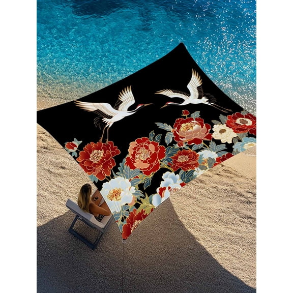 Outdoor Sun Shade Sail 14'x18', Peony White Bird Patio Beach Shade Canopy Cloth Waterproof, Black Farmhouse Retro Japanese Floral TearResistant & UV Protection Sun Sail for Backyard Garden Deck