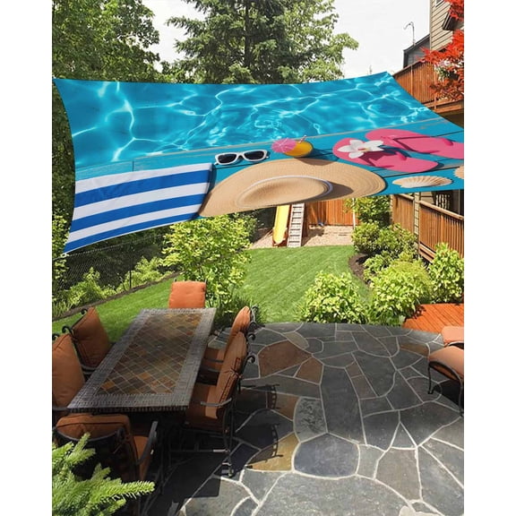 Outdoor Sun Shade Sail 14'x18', Swimming Pool Patio Beach Shade Canopy Cloth Waterproof, Blue Summer Beach Sea Ocean TearResistant & UV Protection Sun Sail for Backyard Garden Deck