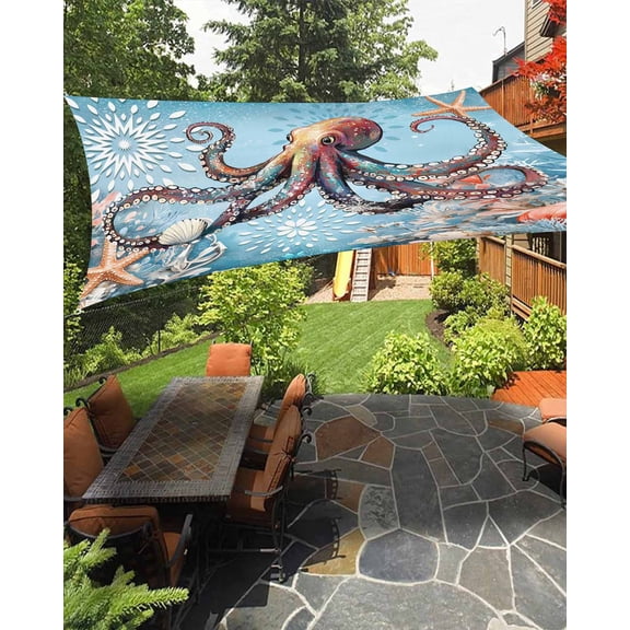 Outdoor Sun Shade Sail 6.5'x10', Blue Coastal Octopus Patio Beach Shade Canopy Cloth Waterproof, Summer Beach Starfish Botanical TearResistant & UV Protection Sun Sail for Backyard Garden Deck