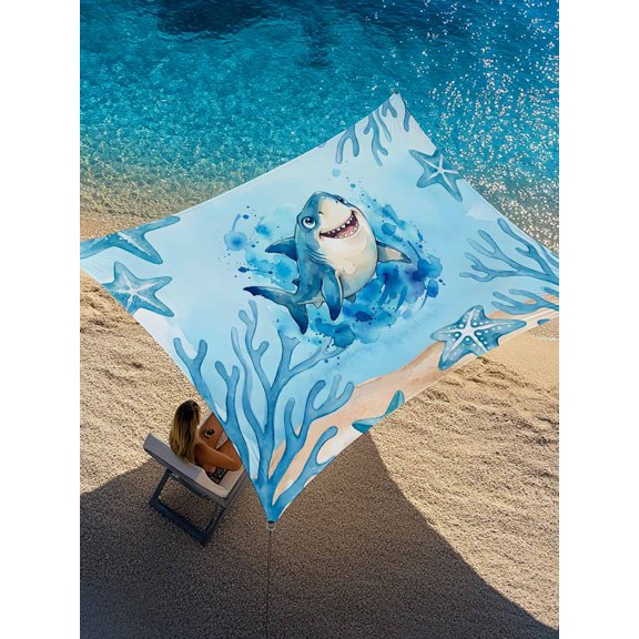 Outdoor Sun Shade Sail 6.5'x10', Blue Shark Coastal Patio Beach Shade Canopy Cloth Waterproof, Summer Beach Starfish Coral Nautical Ocean TearResistant & UV Protection Sun Sail for Backyard Garden