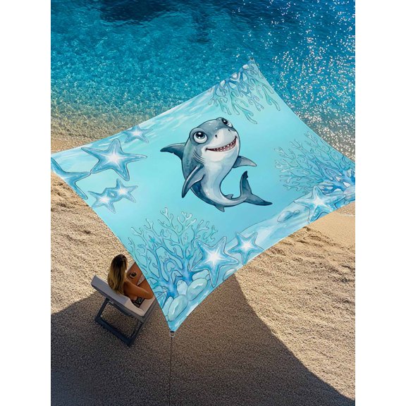 Outdoor Sun Shade Sail 6.5'x10', Blue Shark Coastal Patio Beach Shade Canopy Cloth Waterproof, Summer Beach Starfish Coral Ocean Nautical TearResistant & UV Protection Sun Sail for Backyard Garden