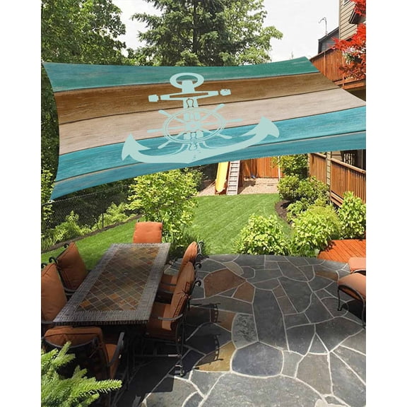 Outdoor Sun Shade Sail 6.5'x10', Blue Teal Brown Patio Beach Shade Canopy Cloth Waterproof, Anchor Nautical Coastal Ocean Wooden TearResistant & UV Protection Sun Sail for Backyard Garden Deck