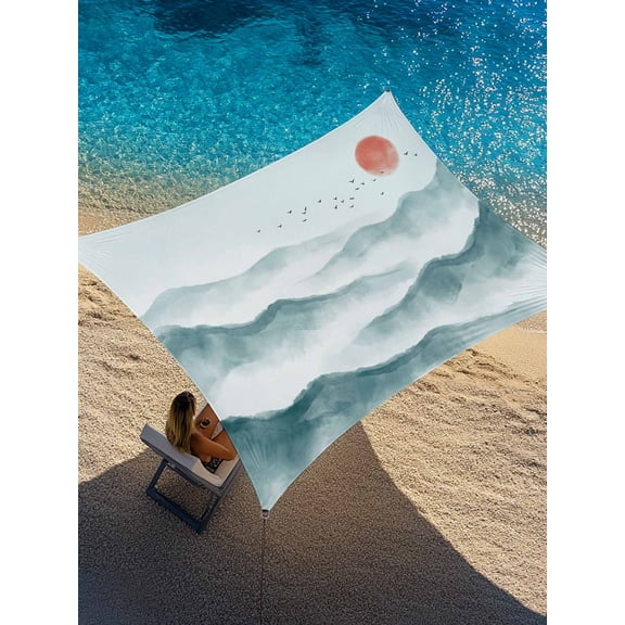 Outdoor Sun Shade Sail 6.5'x10', Chinese Ink Patio Beach Shade Canopy Cloth Waterproof, Abstract Art Mountain Red Sun TearResistant & UV Protection Sun Sail for Backyard Garden Deck