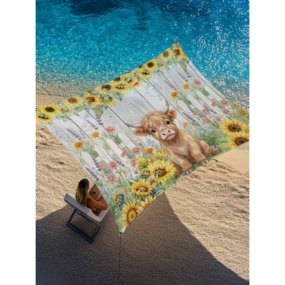 Outdoor Sun Shade Sail 6.5'x10', Farmhouse Yaks Patio Beach Shade Canopy Cloth Waterproof, Country Sunflowers Floral Wooden Grain TearResistant & UV Protection Sun Sail for Backyard Garden Deck