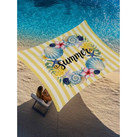 Outdoor Sun Shade Sail 6.5'x10', Flowers Coastal Patio Beach Shade Canopy Cloth Waterproof, Spring Floral Nautical Yellow Striped Farmhouse TearResistant & UV Protection Sun Sail for Backyard Garden