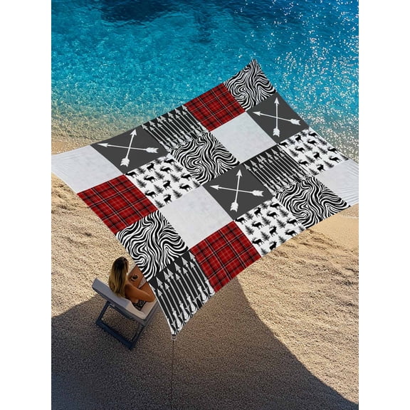 Outdoor Sun Shade Sail 6.5'x10', Grey Red Checkered Patio Beach Shade Canopy Cloth Waterproof, Modern Abstract Art Animals Trees TearResistant & UV Protection Sun Sail for Backyard Garden Deck