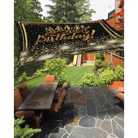 Outdoor Sun Shade Sail 6.5'x10', Happy Birthday Patio Beach Shade Canopy Cloth Waterproof, Luxurious Black Golden Cake Fireworks TearResistant & UV Protection Sun Sail for Backyard Garden Deck