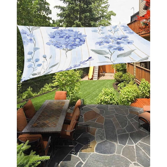 Outdoor Sun Shade Sail 6.5'x10', Hydrangea Leaves Patio Beach Shade Canopy Cloth Waterproof, Blue Striped Botanical Floral TearResistant & UV Protection Sun Sail for Backyard Garden Deck