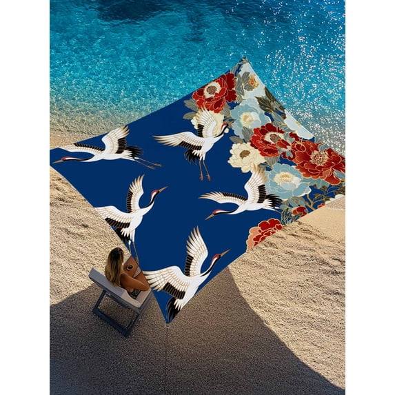 Outdoor Sun Shade Sail 6.5'x10', Japanese Style Patio Beach Shade Canopy Cloth Waterproof, Blue Rustic Botanical Blossom Peony Birds TearResistant & UV Protection Sun Sail for Backyard Garden Deck