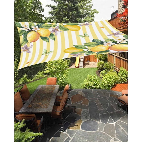 Outdoor Sun Shade Sail 6.5'x10', Lemon Flower Patio Beach Shade Canopy Cloth Waterproof, Yellow Vertical Stripes Butterfly Farmhouse TearResistant & UV Protection Sun Sail for Backyard Garden Deck