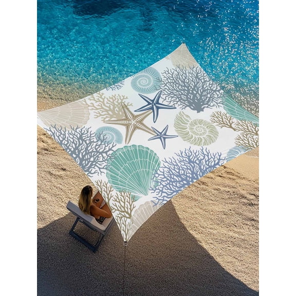 Outdoor Sun Shade Sail 6.5'x10', Marine Life Patio Beach Shade Canopy Cloth Waterproof, Summer Coastal Nautical Coral Conch Seashells TearResistant & UV Protection Sun Sail for Backyard Garden Deck