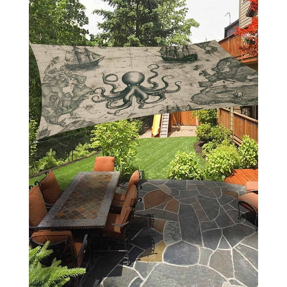 Outdoor Sun Shade Sail 6.5'x10', Medieval Octopus Patio Beach Shade Canopy Cloth Waterproof, Vintage Nautical Boat Retro Map TearResistant & UV Protection Sun Sail for Backyard Garden Deck