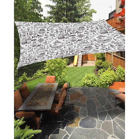 Outdoor Sun Shade Sail 6.5'x10', Nautical Patio Beach Shade Canopy Cloth Waterproof, Grey Anchor Rudder Compass Sailing Boat TearResistant & UV Protection Sun Sail for Backyard Garden Deck