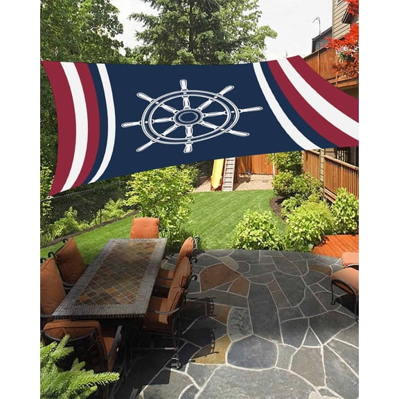 Outdoor Sun Shade Sail 6.5'x10', Navy Blue Red Stripe Patio Beach Shade Canopy Cloth Waterproof, Coastal Nautical Rudder Farmhouse TearResistant & UV Protection Sun Sail for Backyard Garden Deck