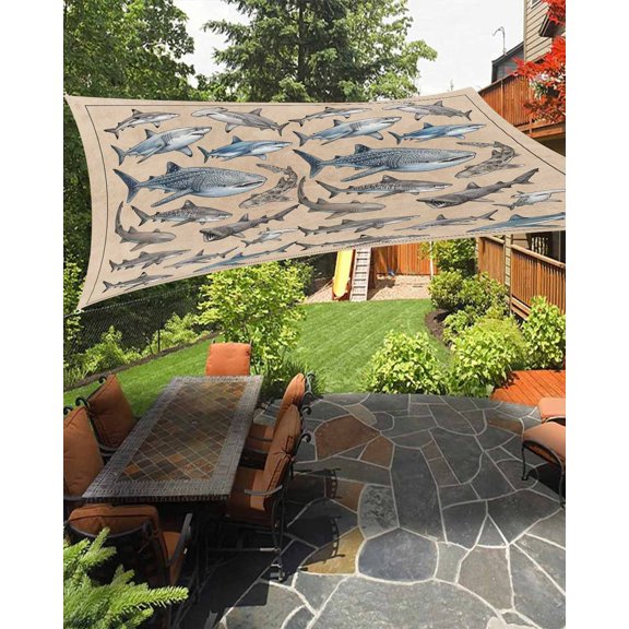 Outdoor Sun Shade Sail 6.5'x10', Ocean Sharks Patio Beach Shade Canopy Cloth Waterproof, Vintage Coastal Underwater Animals Brown TearResistant & UV Protection Sun Sail for Backyard Garden Deck