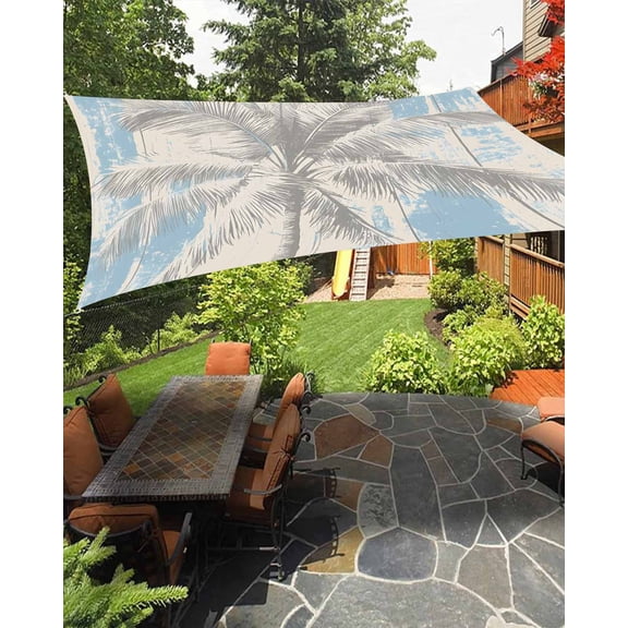 Outdoor Sun Shade Sail 6.5'x10', Palm Tree Patio Beach Shade Canopy Cloth Waterproof, Blue Tropical Plant Summer Retro Wood Plank TearResistant & UV Protection Sun Sail for Backyard Garden Deck
