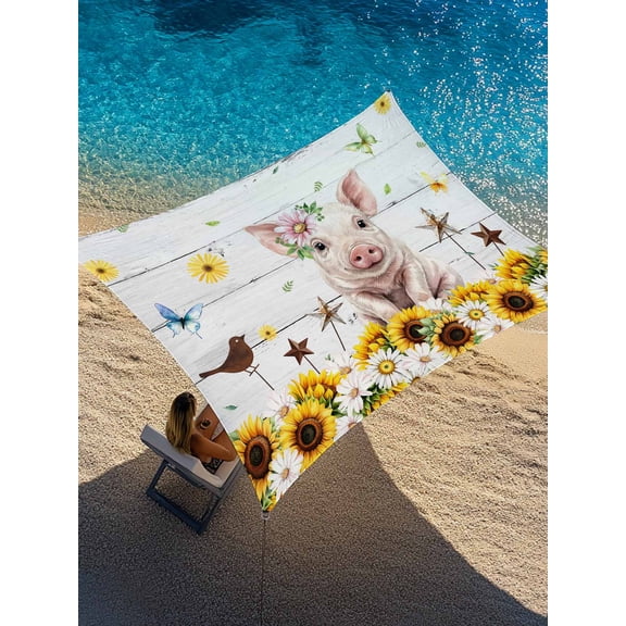 Outdoor Sun Shade Sail 6.5'x10', Pig Sunflower Western Patio Beach Shade Canopy Cloth Waterproof, Rustic Daisy Grey Wooden TearResistant & UV Protection Sun Sail for Backyard Garden Deck