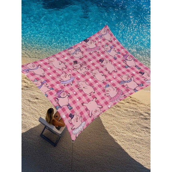 Outdoor Sun Shade Sail 6.5'x10', Pink Pigs Patio Beach Shade Canopy Cloth Waterproof, Checkered Farmhouse Art Plaid Elegant Animals TearResistant & UV Protection Sun Sail for Backyard Garden Deck