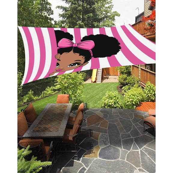 Outdoor Sun Shade Sail 6.5'x10', Pink Stripes Patio Beach Shade Canopy Cloth Waterproof, Cartoon Funny Bow Girl Vertical Striped TearResistant & UV Protection Sun Sail for Backyard Garden Deck