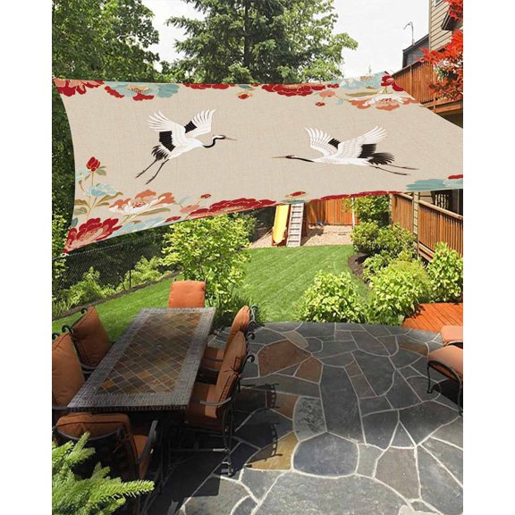 Outdoor Sun Shade Sail 6.5'x10', Rustic Crane Patio Beach Shade Canopy Cloth Waterproof, Vintage Red Teal Spring Floral Botanical TearResistant & UV Protection Sun Sail for Backyard Garden Deck