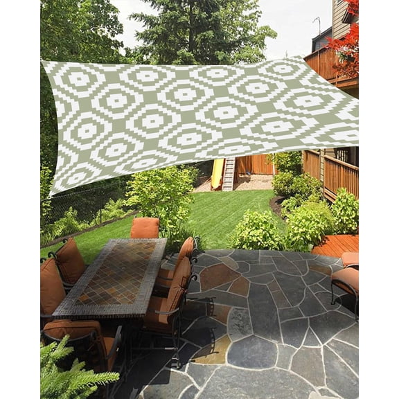 Outdoor Sun Shade Sail 6.5'x10', Sage Green White Geometric Patio Beach Shade Canopy Cloth Waterproof, Modern Abstract Art TearResistant & UV Protection Sun Sail for Backyard Garden Deck