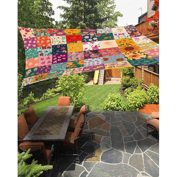 Outdoor Sun Shade Sail 6.5'x10', Spring Floral Patio Beach Shade Canopy Cloth Waterproof, Vintage Plaid Summer Botanical Colorful TearResistant & UV Protection Sun Sail for Backyard Garden Deck