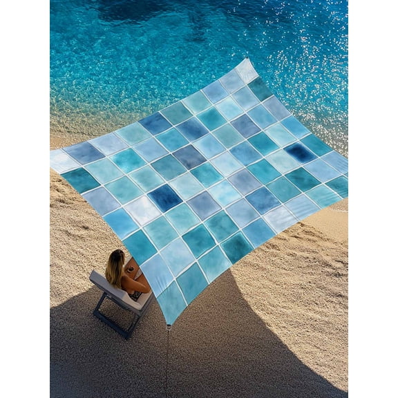 Outdoor Sun Shade Sail 6.5'x10', Teal Blue Checkered Patio Beach Shade Canopy Cloth Waterproof, Farmhouse Plaid Buffalo Elegant Geometric TearResistant & UV Protection Sun Sail for Backyard Garden
