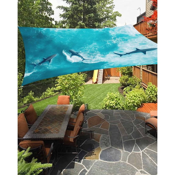 Outdoor Sun Shade Sail 6.5'x10', Teal Blue Ocean Shark Patio Beach Shade Canopy Cloth Waterproof, Coastal Wave Summer Beach TearResistant & UV Protection Sun Sail for Backyard Garden Deck