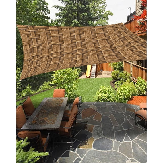 Outdoor Sun Shade Sail 6.5'x10', Vintage Rattan Patio Beach Shade Canopy Cloth Waterproof, Minimalist Abstract Wicker Texture Brown TearResistant & UV Protection Sun Sail for Backyard Garden Deck