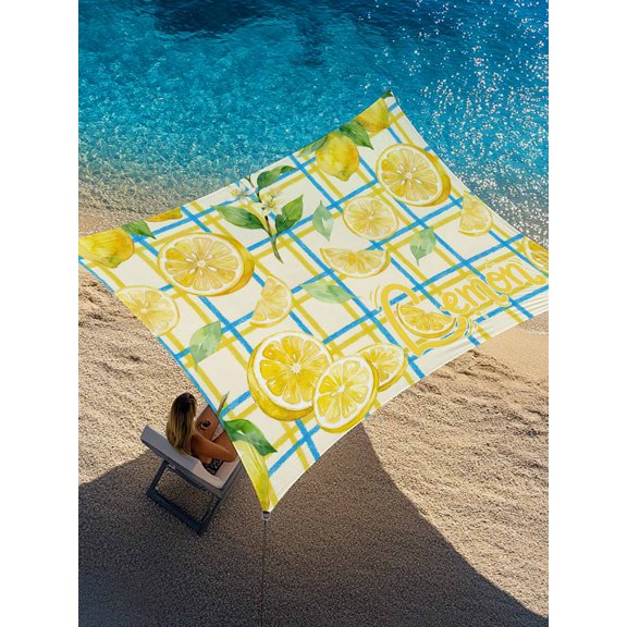 Outdoor Sun Shade Sail 6.5'x10', Watercolor Lemons Patio Beach Shade Canopy Cloth Waterproof, Summer Blue Yellow Checkered Geo TearResistant & UV Protection Sun Sail for Backyard Garden Deck