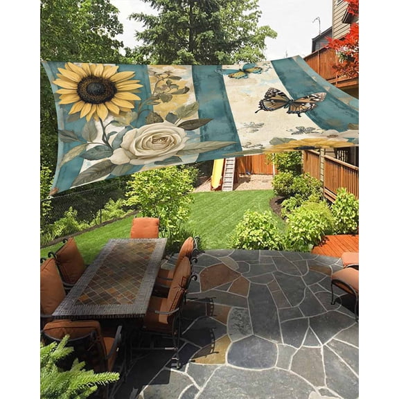 Outdoor Sun Shade Sail 6.5'x10', White Roses Patio Beach Shade Canopy Cloth Waterproof, Sunflower Spring Floral Retro Blue Striped TearResistant & UV Protection Sun Sail for Backyard Garden Deck