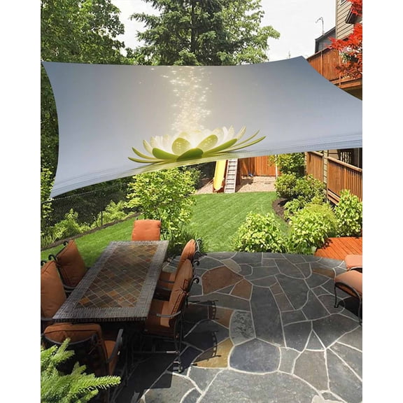 Outdoor Sun Shade Sail 6.5'x10', Zen Meditation Lotus Floral Patio Beach Shade Canopy Cloth Waterproof, Green Floral Modern Art TearResistant & UV Protection Sun Sail for Backyard Garden Deck