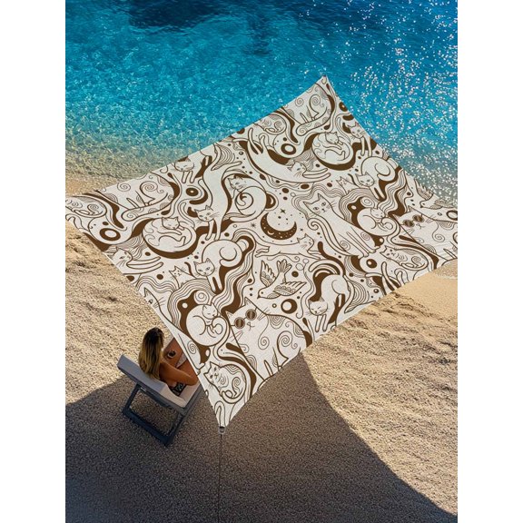 Outdoor Sun Shade Sail 8'x10', Beige Cartoon Cats Patio Beach Shade Canopy Cloth Waterproof, Modern Abstract Art Striped Cats TearResistant & UV Protection Sun Sail for Backyard Garden Deck
