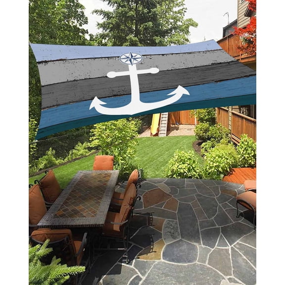 Outdoor Sun Shade Sail 8'x10', Blue Nautical Anchor Patio Beach Shade Canopy Cloth Waterproof, Rustic Distressed Wood Grain TearResistant & UV Protection Sun Sail for Backyard Garden Deck