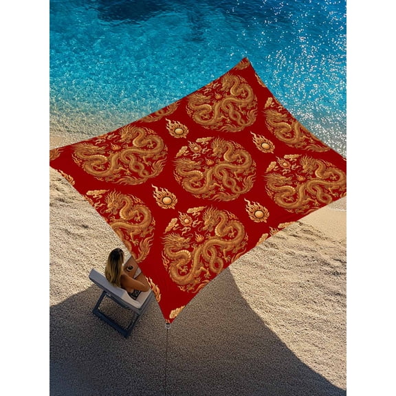 Outdoor Sun Shade Sail 8'x10', Chinese New Year Patio Beach Shade Canopy Cloth Waterproof, Yellow Dragon Traditional Vintage Red TearResistant & UV Protection Sun Sail for Backyard Garden Deck